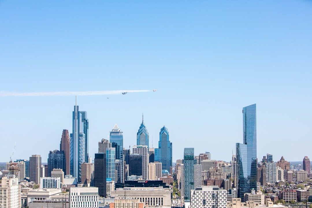 drone flying over city skyline